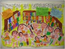Tutti in biblioteca Disegnao che rappresenta i bambini in biblioteca